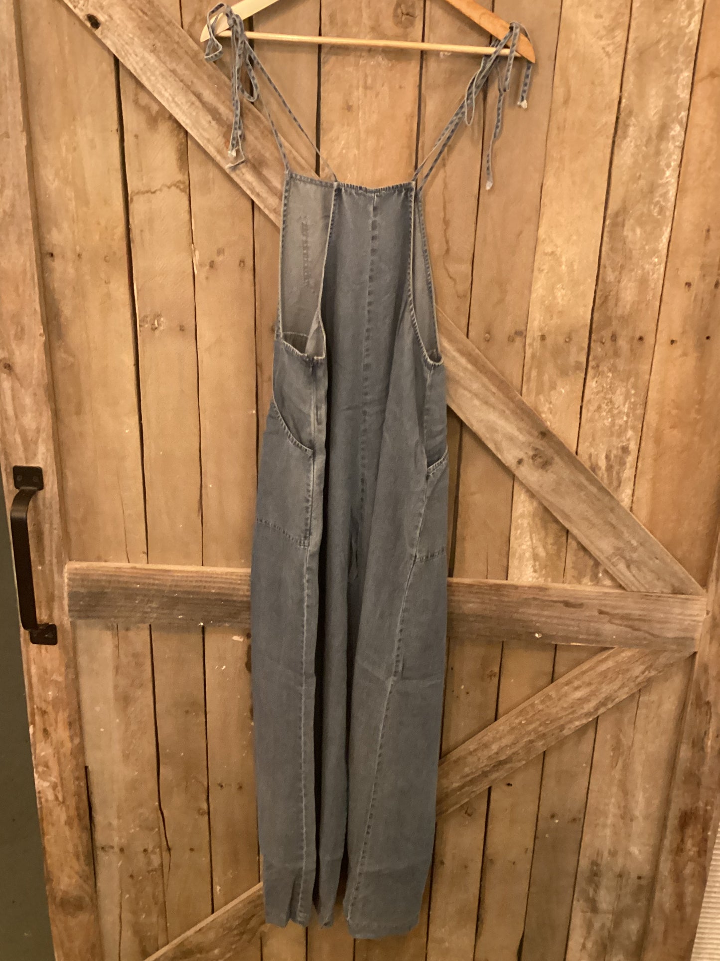 Tie shoulder denim jumpsuit